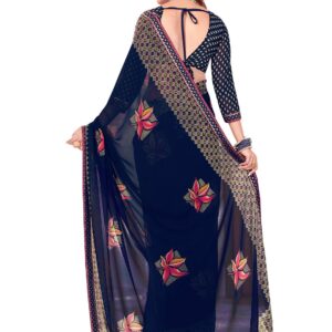 Women's leaf print navy blue colored saree with blouse